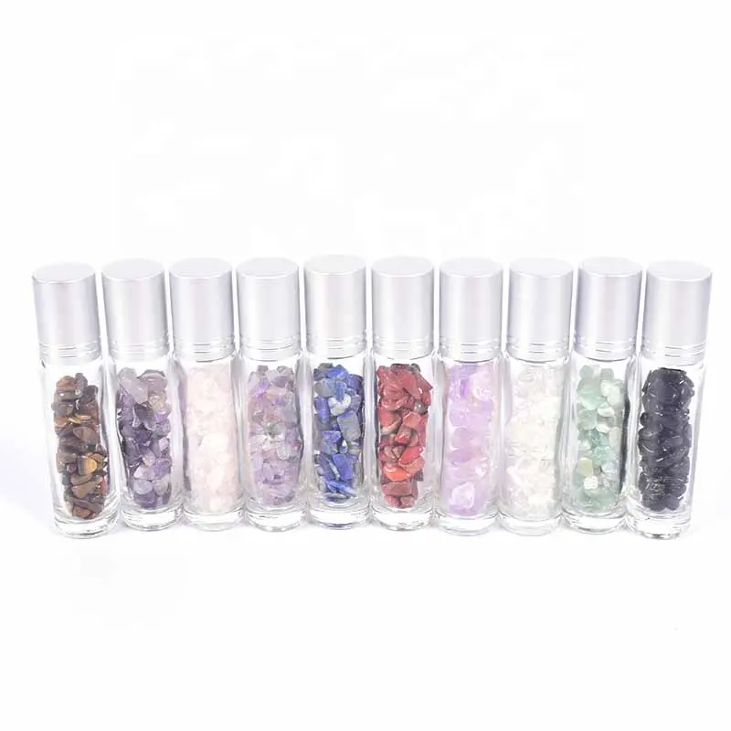 Wholesale empty essential oil 10ml natural gem crystal perfume glass roller bottle