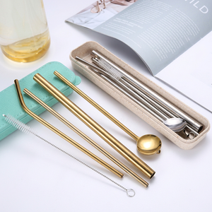 Metal <b>Drinking</b> <b>Straws</b> Set 5Pcs Reusable Cocktail Bar Accessories Minimalist Style Gold Tone - Product Image 1