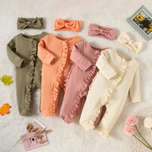 Newborn Waffle Cotton Sleepwear Solid Color <b>Pajamas</b> Infant Zipper Romper Long Sleeve Onsies Ruffle Baby Jumpsuit <b>Footie</b> - Product Image 1
