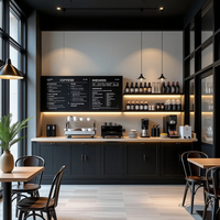 Simple Café & Roastery Featuring White Metal Stools and Linear Tiered Open Shelving Design