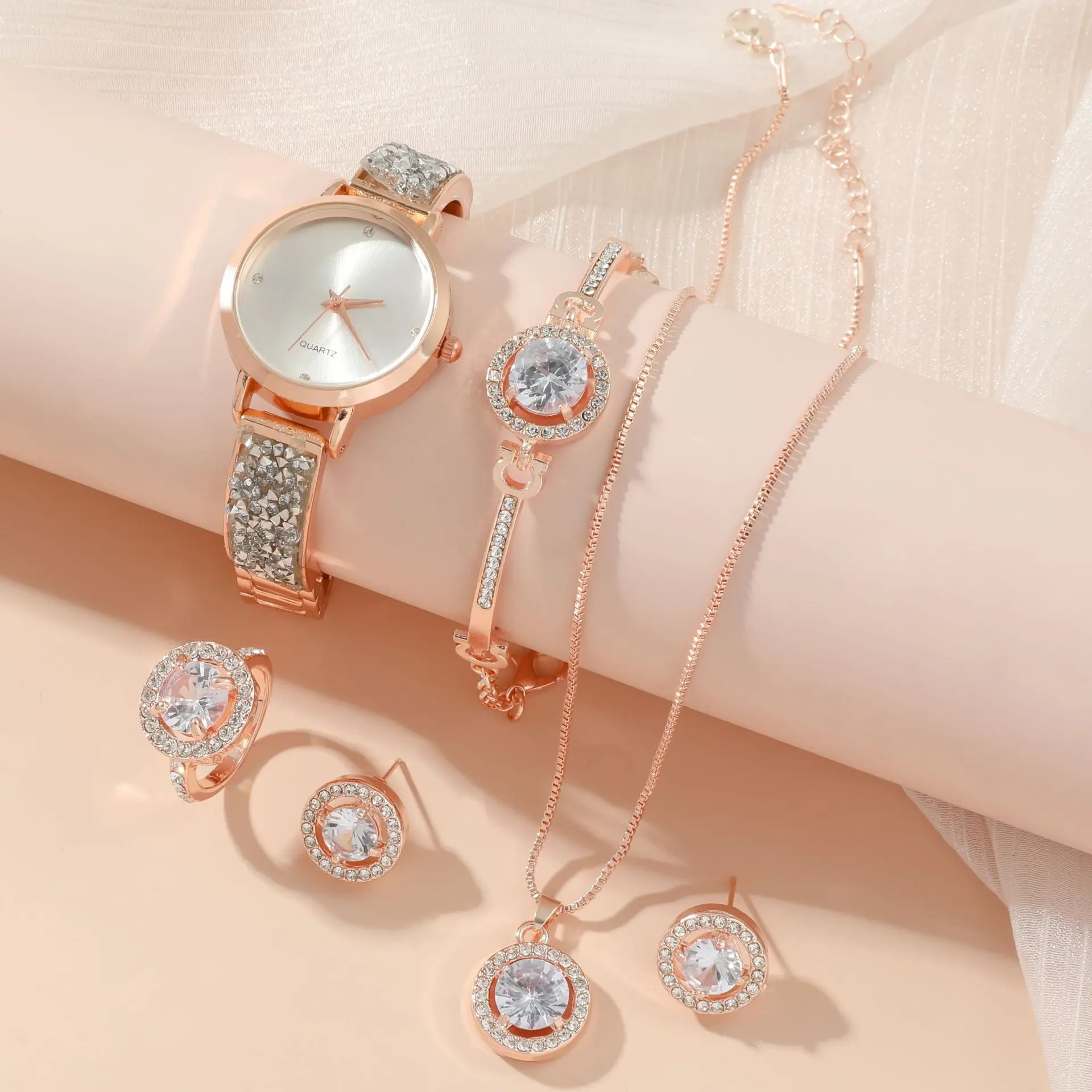 5Pcs Watch Gift Set Quartz Diamond Women Watch Jewelry Set Rose Gold Fashion Necklace Bracelet Set