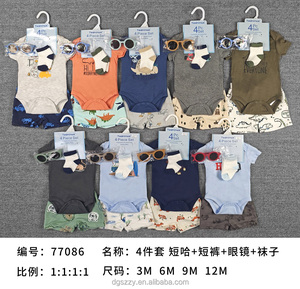 Set di Abbigliamento in Cotone per Neonati 0-12 <span class=keywords><strong>Mesi</strong></span>, <span class=keywords><strong>4</strong></span> Pezzi, Stampa Animali/Fiori, Pantaloncini, Tutina, Pantaloni e Calzini, Estivo - Product Image 3