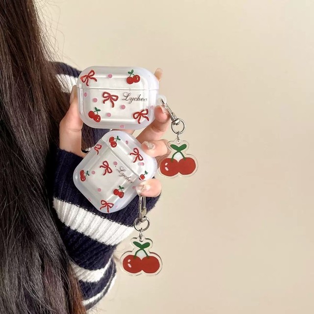 Korean Cute Bow Cherry Earphone Case for Apple Airpods 4 Pro 2 3 Cover with Charm Silicone Headphone Charging Cases for Airpod