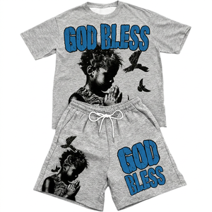 Conjunto de Camiseta y Pantalones Cortos de Punto con Estampado Gráfico God Bless, Ropa Casual Urbana para Hombre, 2 Piezas, Algodón Transpirable Ecológico - Product Image 3