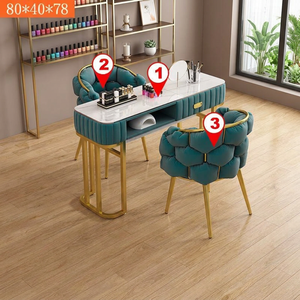 Ensemble de table et chaise de salon de manucure luxueux pour deux personnes avec armoire de rangement, plateau en marbre moderne, écologique, pour salon et chambre à coucher - Product Image 1