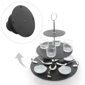 Round 2 tiers 3 tier sushi snack dessert fruit serving platter hanging slate wedding cake stand for wedding with steel handle