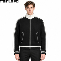 Veste de survêtement homme OEM/ODM à surpiqûres contrastées, col montant noir et blanc, manches à rayures brodées, style streetwear Y2K, vente en gros