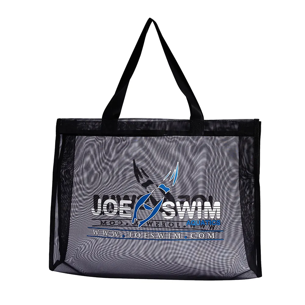 Yüksek kaliteli özel tasarım logo ile yeniden kullanılabilir naylon tel örgü plaj sepet alışveriş çantası file plaj çantası