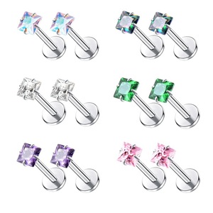 Boucles d'oreilles clous carrées en acier inoxydable avec zircon, design géométrique, sertissage à griffes, bijoux de piercing pour cartilage, cadeau, accessoire de mode - Product Image 1