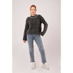 Pull en maille anthracite doux pour femme, manches longues, anti-boulochage, style décontracté, vente en gros - Product Image 5