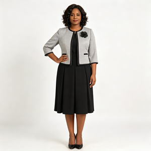 Ensemble élégant deux pièces pour femmes grandes tailles, veste à carreaux avec robe mi-longue à appliques, tenue formelle d'automne - Product Image 5