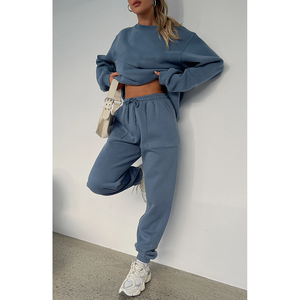 Venta al por mayor de chándal personalizado de manga larga Deporte <span class=keywords><strong>Gimnasio</strong></span> Fleece Pullover Plain Crop Top Oversize Mujer Sudadera Conjunto - Product Image 1