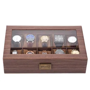 Customized Solid Wooden Watch Box Organizer Brown Color Wood Watch Case With Glass Top
