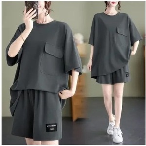 Women's Casual Two Piece Set Short Sleeve Pocket Design Loose Fit Ginger Yellow Plus Size Summer Outfit Knitted Polyester - Product Image 2