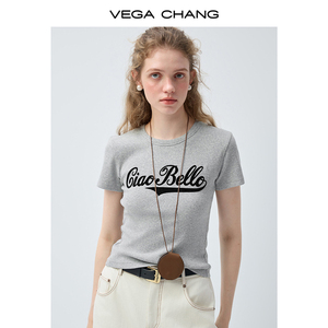 <span class=keywords><strong>T</strong></span>-<span class=keywords><strong>shirt</strong></span> à manches courtes en tricot côtelé pour <span class=keywords><strong>femme</strong></span> VEGA CHANG, coupe slim, avec impression de lettres Ciao Bello en <span class=keywords><strong>gris</strong></span>, pour un style décontracté - Product Image 2