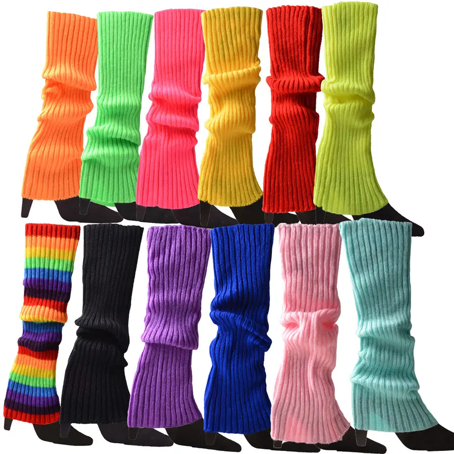 Women Juniors Long Neon Ribbed Knit Leg Warmers for 80s Party Sports Yoga Dance Accessories