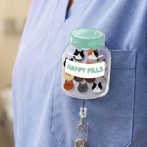Badge rétractable OEM/ODM en acrylique motif chat 'Happy Pills', porte-badge mignon pour infirmières, enseignants, médecins, accouches, étudiants - Product Image 2