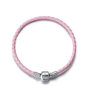 Luxury 925 Silver 18cm Pink Leather Rope Chain DIY Charms Bracelet Fashion Jewelry Making