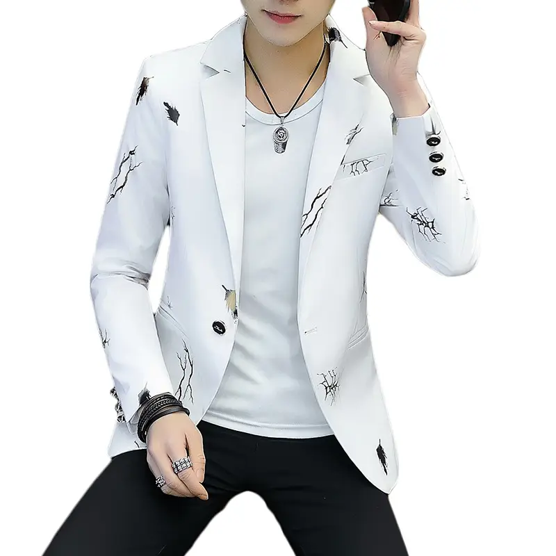 Blazers For Men 2022 Autumn printed white Suit Jacket Men Casual Slim Club Stage Singer Blazer Men Stylish Formal Jacket