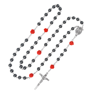 Collier de chapelet en hématite rouge rose, médaille/crucifix personnalisable, perles, bijoux religieux catholiques pour femmes et hommes - Product Image 5