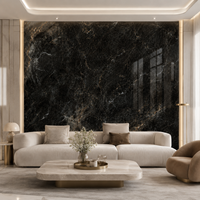Dalle en pierre frittée 1600x3200, finition brillante, Louis Black Gold, 12 mm, base noire foncée, veine gris doré, effet marbre, pour marches d'escalier et comptoirs de cuisine