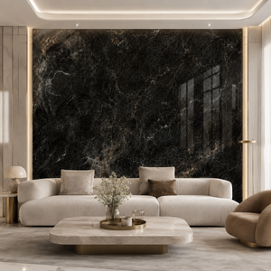Losa de piedra sinterizada Louis Black Gold brillante de 1600x3200, 12 mm, base negra oscura con vetas grises doradas, para peldaños de escalera y encimeras de cocina. - Product Image 6