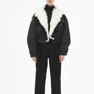 Women Down Jacket Collar Detachable Fur High Quality Woven Female Zipper Nylon Lining Warm Winter Crop Top Women Puffer Jacket