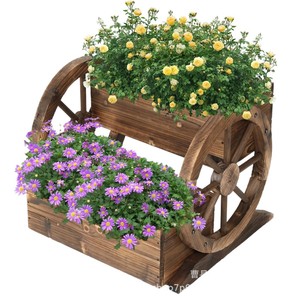 Chariot à fleurs en bois massif pour jardin extérieur, cour, balcon, design rustique, sur pieds, à deux niveaux, avec roulettes - Product Image 2