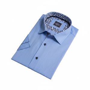 Chemise d'été pour homme à manches courtes, coupe ajustée, motif triangle bleu, détails tissés - Product Image 2