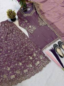 Hot Sale Beautiful Purple Silk <b>Top</b>-Sharara Dupatta Set Embroidery <b>Sequins</b> Work Ready Wear Diwali Bollywood Wedding Wear - Product Image 1