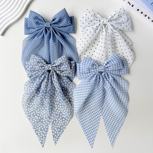 Barrette à cheveux mignonne en mousseline à carreaux floraux avec nœud, motif pois bleus et blancs, ruban long, pour les fêtes et le quotidien - Product Image 4