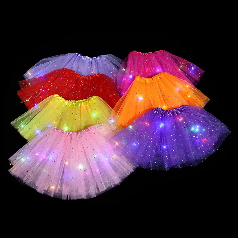 Красочное детское блестящее короткое платье со звездами на Хэллоуин для девочек, многослойная Тюлевая балетная танцевальная пачка со светодиодной подсветкой, светящаяся юбка для девочек