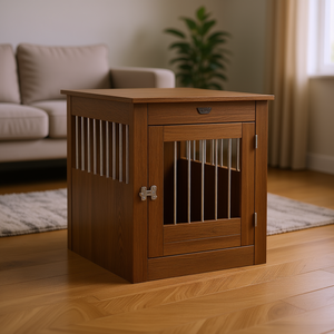 Brown Oak Engineered Wood <b>Dog</b> <b>Crate</b> <b>Medium</b> Size Steel Locks Indoor Pet House Furniture - Product Image 2
