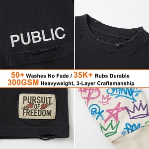 OEM Customized High-end Spray Paint Color Blocked Distressed T-shirts Flat Embroidery Double-Layer Long Sleeved T-shirt for Men - Product Image 2