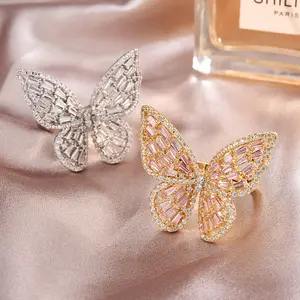 Hoge Kwaliteit Mode Dainty Vlinder Vinger Ring Luxe Verstelbare Bewegende Diamant Vlinderring Voor Vrouwen