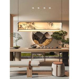 Chinese Style Bamboo <b>Leaf</b> Ink Painting Rectangle Pendant <b>Light</b> Led For Tea Room Study Restaurant Bar - Product Image 4