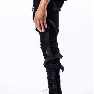 Fabricante de Jeans de Mezclilla, Nueva Moda Urbana, Jeans Ajustados Negros Elásticos con Tirantes para Hombre - Product Image 4