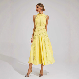 Robe de soirée midi blanche sans manches en dentelle, col rond, fermeture éclair sur le devant, taille naturelle, respirante - Product Image 4