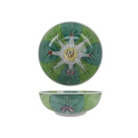 Grand bol de service en céramique artisanale, motif floral vif en feuilles de bananier, parfait pour centre de table ou collection d'art