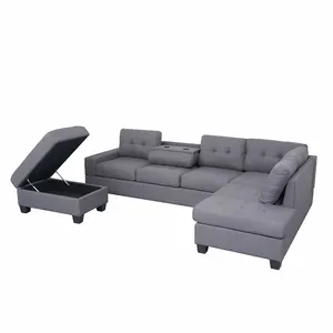 Multi-colors fabric L shaped sofa with ottoman and drop-down table