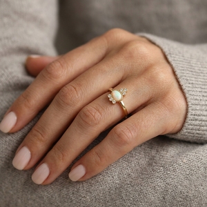 Fashion <strong>Gold</strong> Plated Single Stone Egg Oval White Fire <strong>Opal</strong> Gemstone Unique Dainty Small Fashion <strong>Gold</strong> <strong>Ring</strong> Two Stone Jewelry - Product Image 1