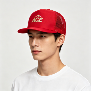 Casquette Trucker personnalisée à 5 panneaux et visière plate, avec broderie du logo ACE Mountain, en toile maillée vierge, fermeture snapback standard, unisexe, pour sports de plein air - Product Image 1
