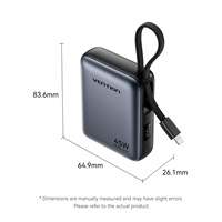Batterie externe portable Vention 10000mAh 45W, mini, pour les voyages en plein air, avec câbles USB-C intégrés