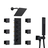 NPYSVSSS Ensemble de douche double à fixation au plafond LED 16x32 pouces, pommeau de pluie 6 pouces, jet mural 4 fonctions, jets latéraux noir mat