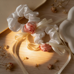 Accessorio per capelli coreano con fiore rosa Muhly bianco dolce e rosa, fiocco e nastri, elastico a scrunchie per ragazze - Product Image 2
