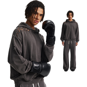 Men's Wide Leg Distressed Long Pants and Hoodie <b>Set</b> Black 400gsm Heavyweight Streetwear Boys Baggy Washed <b>Sweatpants</b> <b>Set</b> - Product Image 2