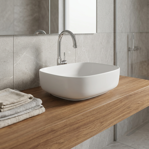 Lavabo de Baño Moderno Clásico con Superficie Sólida de Granito Blanco, Lavabo Cuadrado con Soporte para Grifo de un Solo Orificio - Product Image 3