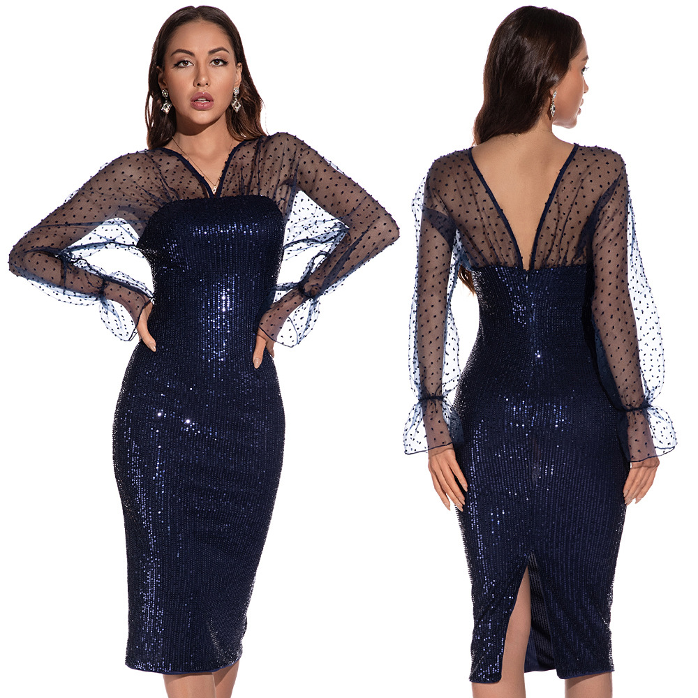 SE-098 пикантные женские прозрачные сетчатые мужские длинные рукава с низким вырезом на спине платье с пайетками платье для женщин вечернее длинное платье
