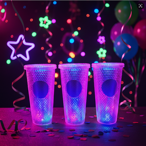 24 OZ <strong>Plastic</strong> LED Double Wall Diamond <strong>Tumbler</strong> Light up Cup <strong>with</strong> <strong>Straw</strong> and Lid - Product Image 2