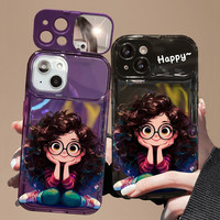 Coque de téléphone portable avec miroir rabattable et support, motif filles aux cheveux bouclés, pour iPhone 16 Plus 15 14 13 12 11 Pro Max